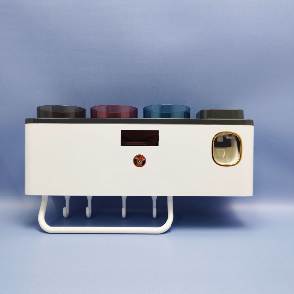 Держатель для зубной пасты и щеток, стерилизация УФ и дезинфекция Smart Sterilization / Органайзер в ванную комнату с тремя стаканами, крючками и дозатором для зубной пасты продажа и отгрузка коробками кор/20шт